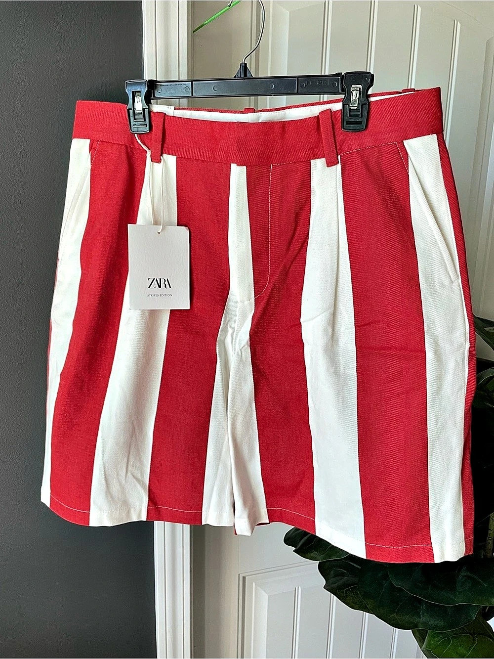 Zara Stripes Edition Wide Short Striped High Waist Shorts Red Cream EU44 US12